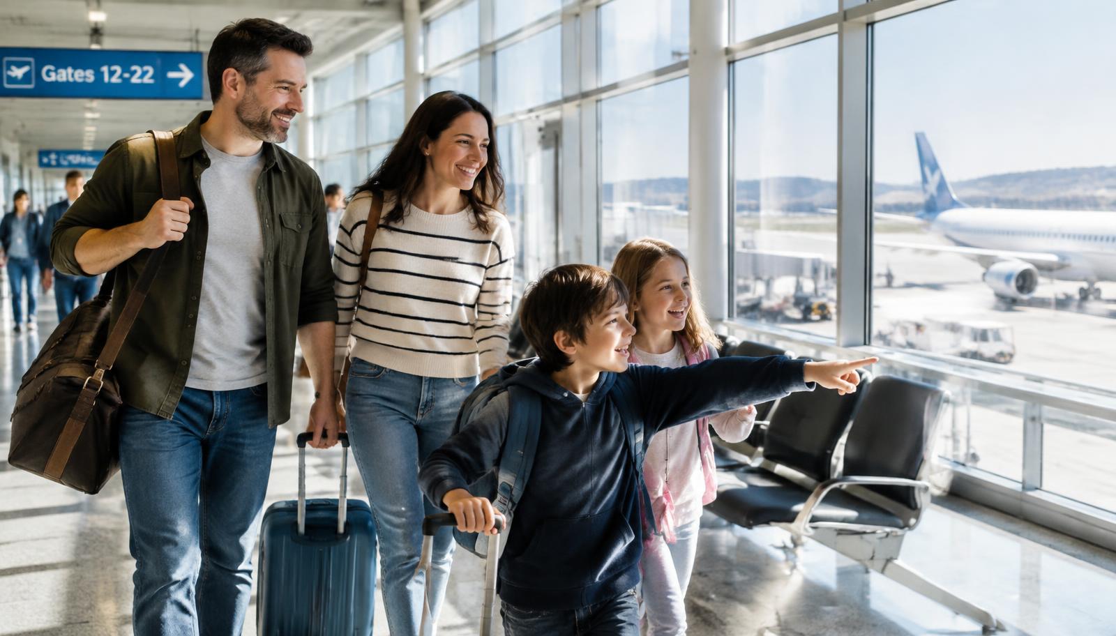 A happy family walking through an airport departure lounge, kids pointing at a plane