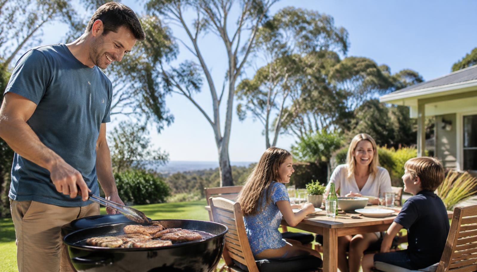 A family enjoying a barbecue in the sunny backyard of their Australian home