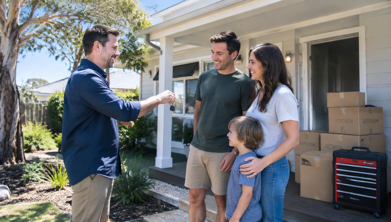 A happy family receiving the keys to their new Australian home, moving boxes on the porch